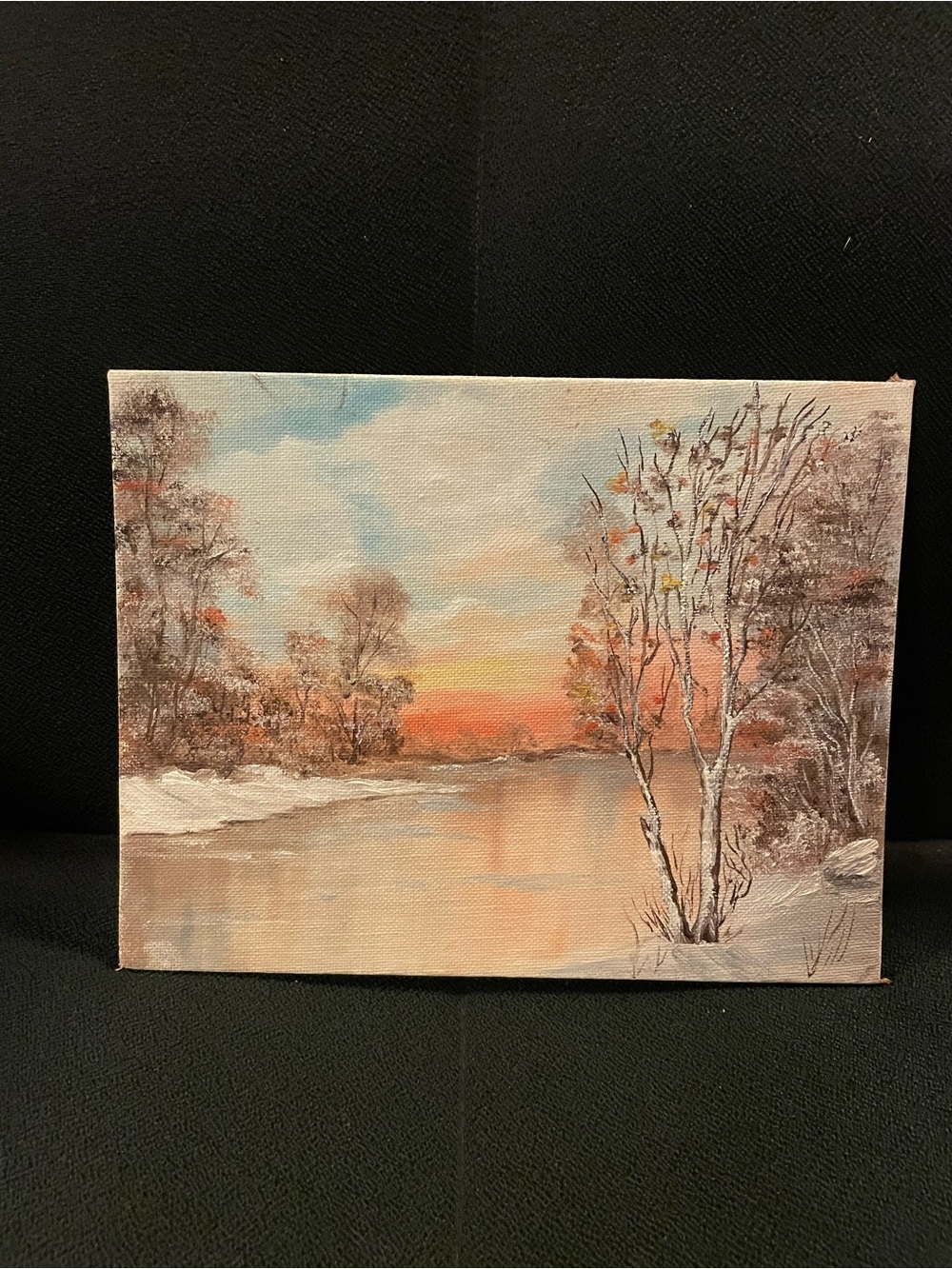 Hand-Painted Winter Landscape Canvas Art in Peach and Blue